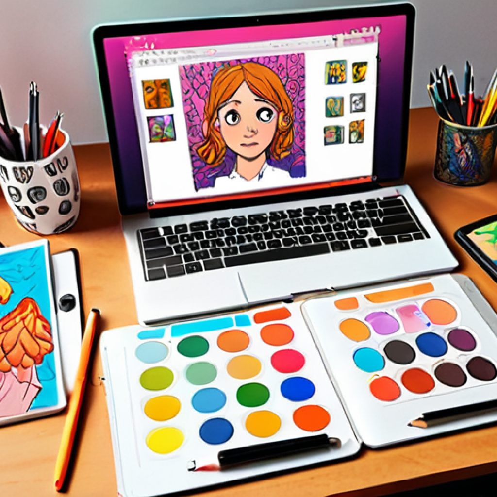 The Character Illustrator's Desk**
* Prompt: A brightly lit workspace of a character illustrator, overflowing with colorful sketches of Sophie and her friends. Digital drawing tablet, vibrant color palettes, and concept art scattered around. Focus on creativity and inspiration.
**