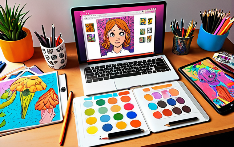 The Character Illustrator's Desk**
* Prompt: A brightly lit workspace of a character illustrator, overflowing with colorful sketches of Sophie and her friends. Digital drawing tablet, vibrant color palettes, and concept art scattered around. Focus on creativity and inspiration.
**