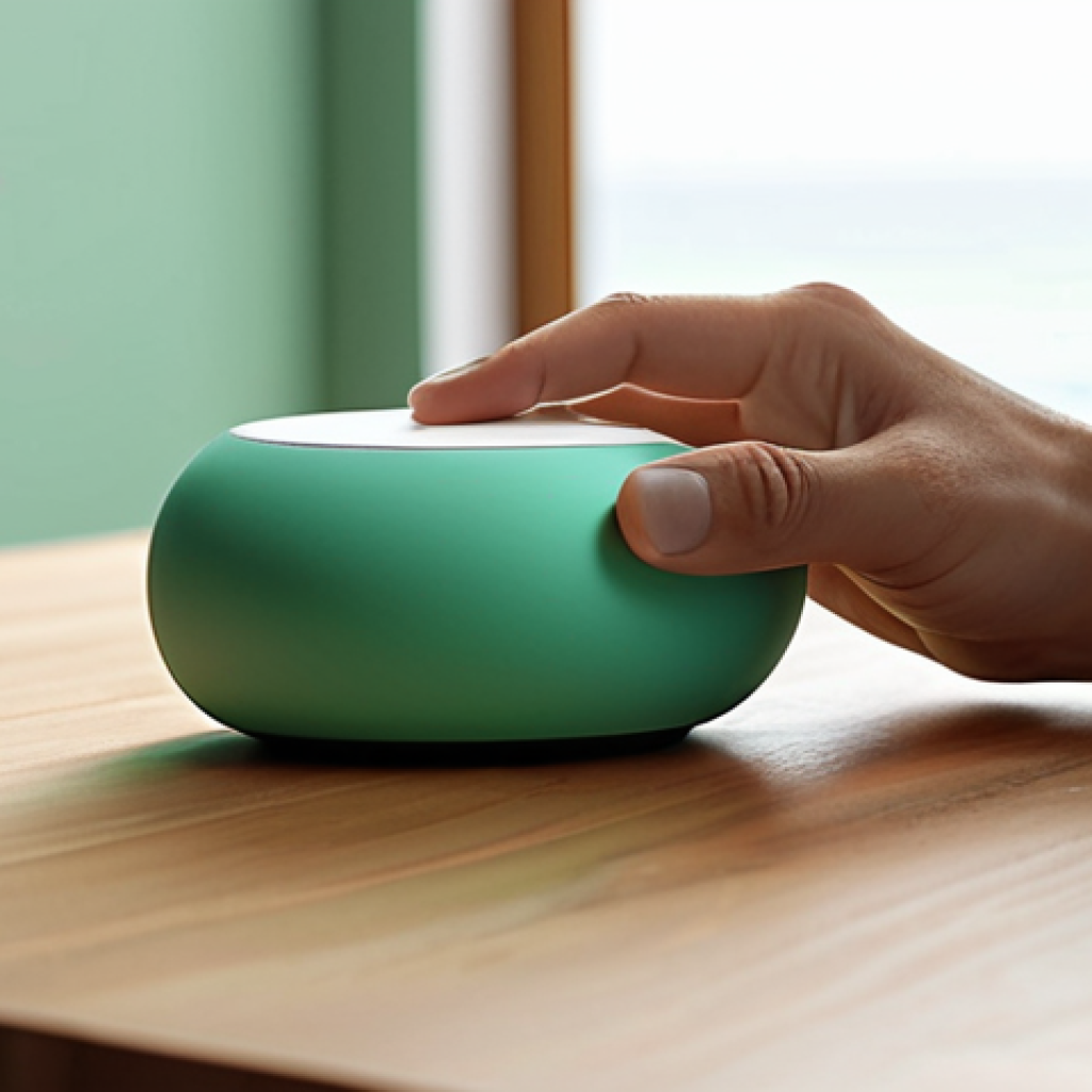 A minimalist and elegant "ocean green" smart device resting on a serene, modern wooden desk bathed in natural light. A person's hands subtly interact with it, conveying effortless productivity and tranquility. The device, robust yet inviting, has an almost invisible interface, embodying a "whispering efficiency." Soft focus, warm tones.