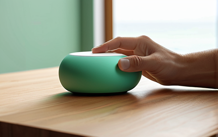 A minimalist and elegant "ocean green" smart device resting on a serene, modern wooden desk bathed in natural light. A person's hands subtly interact with it, conveying effortless productivity and tranquility. The device, robust yet inviting, has an almost invisible interface, embodying a "whispering efficiency." Soft focus, warm tones.