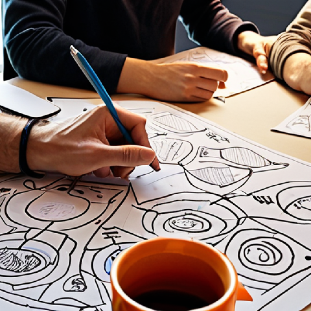 **Prompt 1: The Creative Spark**
    A dynamic and energetic scene in an animation studio's brainstorming session. A storyboard artist, surrounded by scattered quick sketches, is intensely drawing on a large digital tablet, capturing the essence of an abstract idea. Other team members, including a writer and a director, are actively collaborating, pointing at a whiteboard covered with rough character designs, dialogue snippets, and arrows indicating scene flow. Empty coffee cups, crumpled papers, and an atmosphere of passionate discussion fill the room, emphasizing the human element, creativity, and the initial chaotic beauty of translating words into the first visual forms. Bright, warm lighting highlights the collaborative energy.