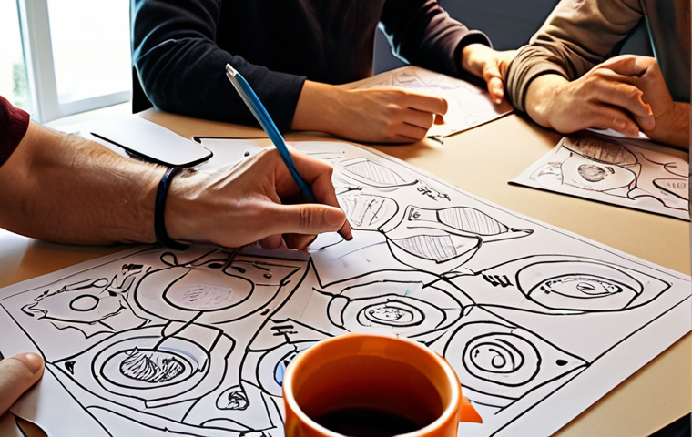 **Prompt 1: The Creative Spark**
A dynamic and energetic scene in an animation studio's brainstorming session. A storyboard artist, surrounded by scattered quick sketches, is intensely drawing on a large digital tablet, capturing the essence of an abstract idea. Other team members, including a writer and a director, are actively collaborating, pointing at a whiteboard covered with rough character designs, dialogue snippets, and arrows indicating scene flow. Empty coffee cups, crumpled papers, and an atmosphere of passionate discussion fill the room, emphasizing the human element, creativity, and the initial chaotic beauty of translating words into the first visual forms. Bright, warm lighting highlights the collaborative energy.