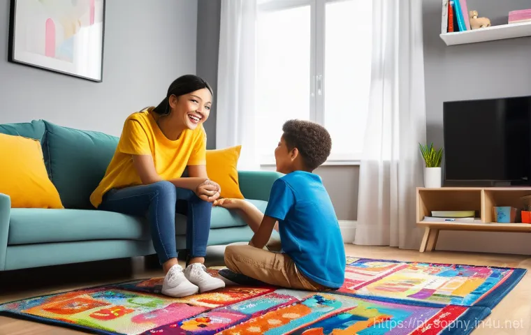소피루비 어린이 선호도 조사 - **A vibrant living room scene showing two diverse children, a boy and a girl aged approximately 7 an...