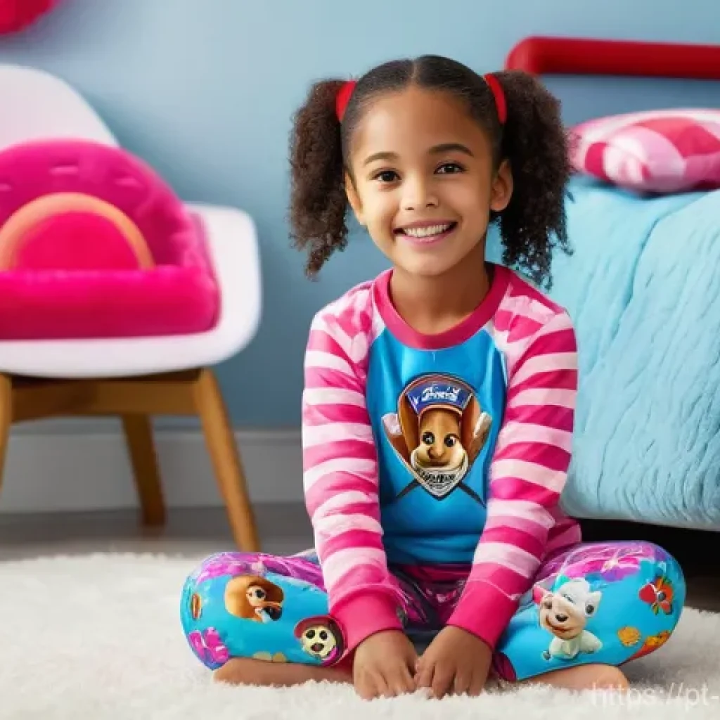 소피루비 굿즈 쇼핑몰 - **A joyful 6-year-old girl, wearing vibrant Paw Patrol themed pajamas, sits cross-legged on a soft r...