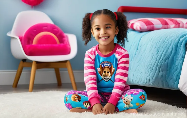 소피루비 굿즈 쇼핑몰 - **A joyful 6-year-old girl, wearing vibrant Paw Patrol themed pajamas, sits cross-legged on a soft r...