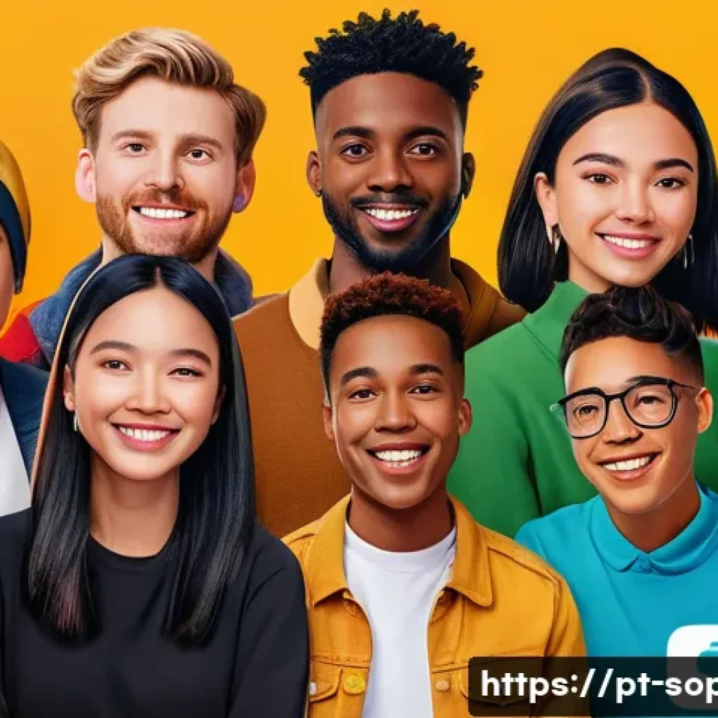 소피루비 팬덤의 성장 요인 - A vibrant digital community scene featuring diverse young adults engaging in a virtual meetup via mu...