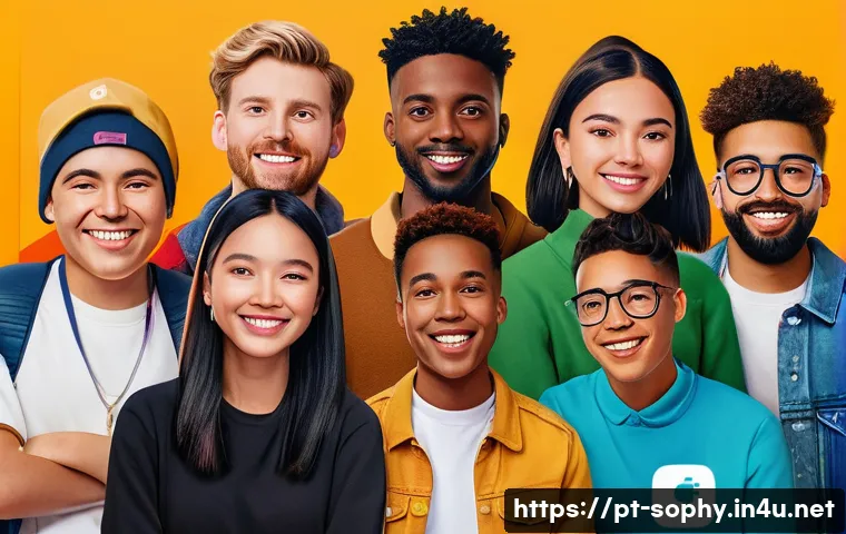 소피루비 팬덤의 성장 요인 - A vibrant digital community scene featuring diverse young adults engaging in a virtual meetup via mu...