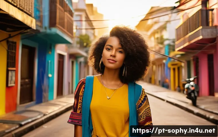 소피루비 시리즈 제작 동기 - A vibrant scene depicting the main character Sophie Ruby, a young Brazilian woman in her mid-20s, st...