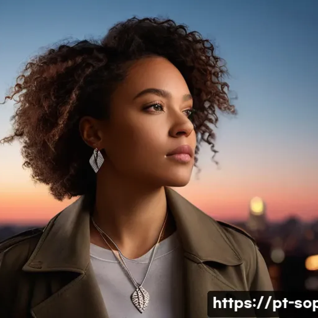 소피루비 캐릭터 성향 분석 - A detailed portrait of Sophie Ruby standing confidently in an urban setting at dusk, wearing a styli...