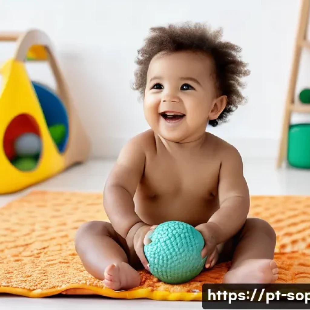 소피루비와 놀이문화 - A joyful Brazilian toddler wearing a colorful diaper, sitting on a soft play mat surrounded by senso...