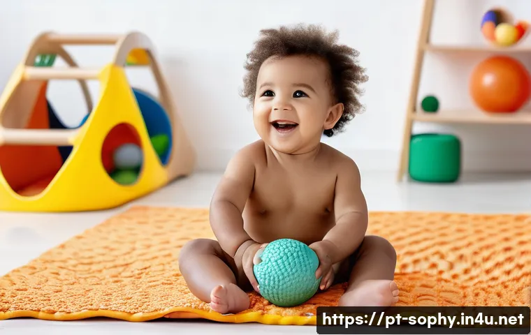 소피루비와 놀이문화 - A joyful Brazilian toddler wearing a colorful diaper, sitting on a soft play mat surrounded by senso...