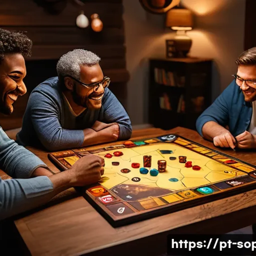 소피루비 관련 보드게임 - A vibrant and immersive board game scene featuring a diverse group of friends sitting around a large...