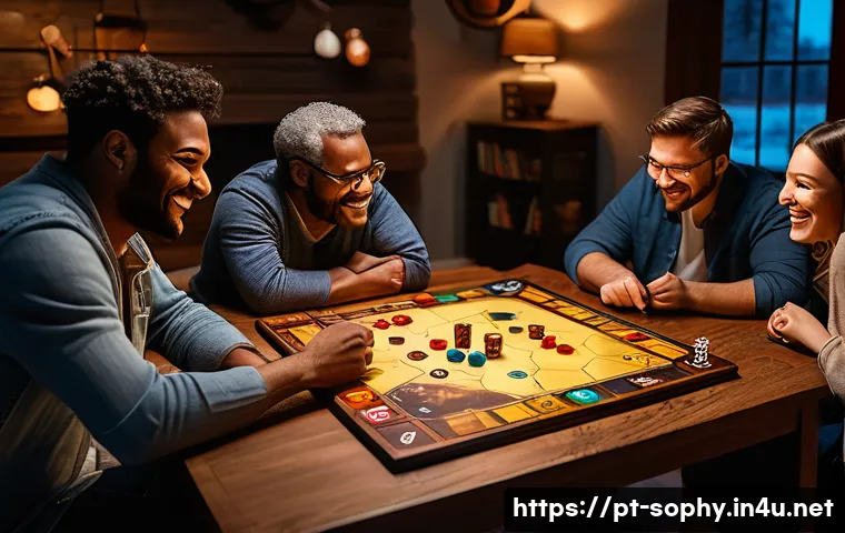 소피루비 관련 보드게임 - A vibrant and immersive board game scene featuring a diverse group of friends sitting around a large...