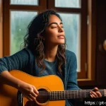 소피루비 배경음악 작곡가 - A cozy and intimate music studio scene featuring a female singer-songwriter, mid-30s, with expressiv...