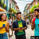 소피루비 광고 전략 - A vibrant Brazilian street scene showcasing a diverse group of young adults engaging with interactiv...