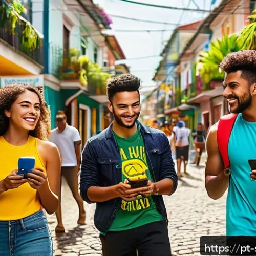 소피루비 광고 전략 - A vibrant Brazilian street scene showcasing a diverse group of young adults engaging with interactiv...