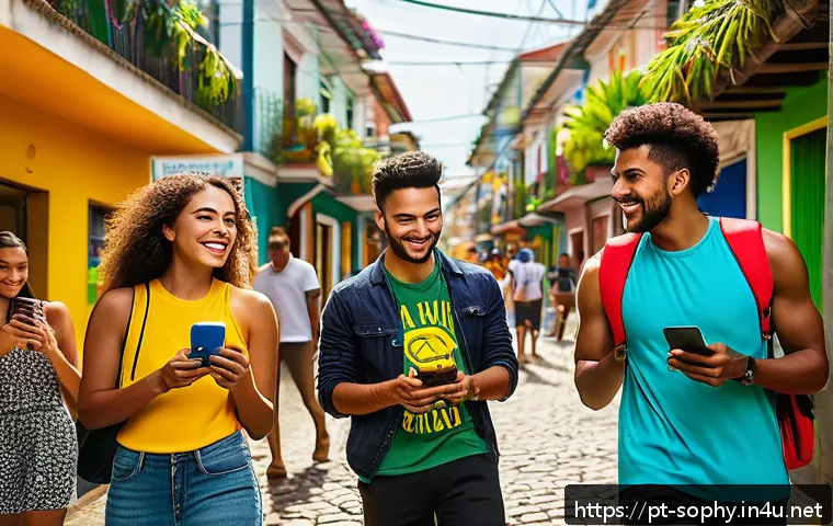 소피루비 광고 전략 - A vibrant Brazilian street scene showcasing a diverse group of young adults engaging with interactiv...