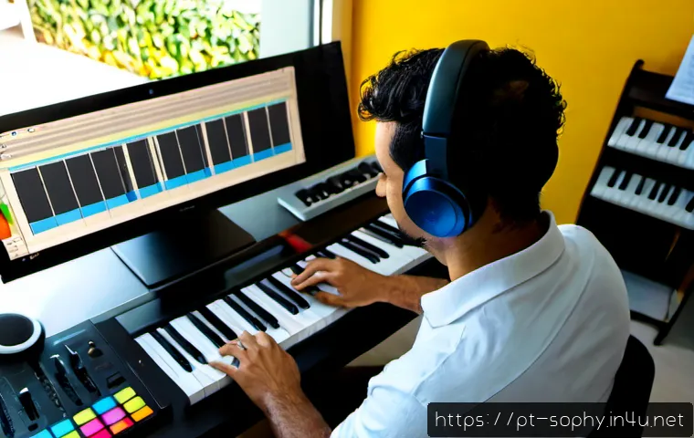 Home 17 소피루비의 주제곡 작곡가 - Photorealistic Brazilian music composer in a bright modern home studio in São Paulo, seated at a dig...
