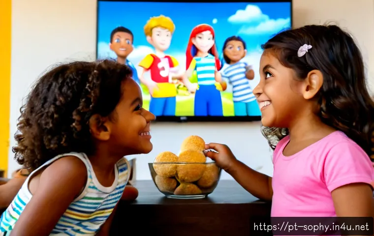 Home 17 소피루비의 어린이 팬층 구축 방법 - Photorealistic warm family living room in Brazil, diverse group of cheerful children ages 7–10 weari...