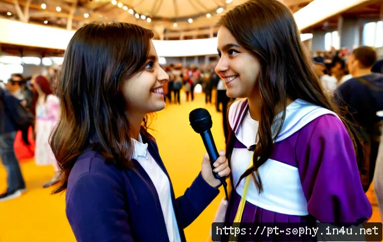 소피루비 팬과의 인터뷰 - Photorealistic interview scene at a lively Portuguese fan convention in Lisbon, cheerful young adult...