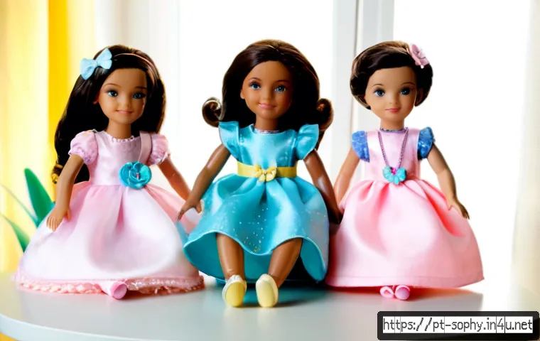 Home 17 소피루비 장난감 시리즈 - Photorealistic product photography of a colorful magical-girl fashion doll toy collection, three pos...